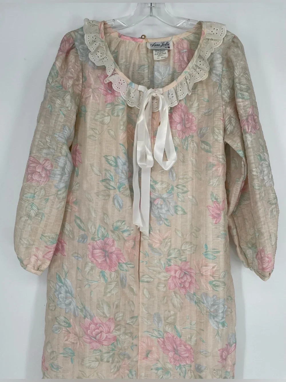 Vtg Anne Leslie Pastel Muted Floral 80s Textured Maxi House Coat PJs Zip Front - Picture 4 of 16